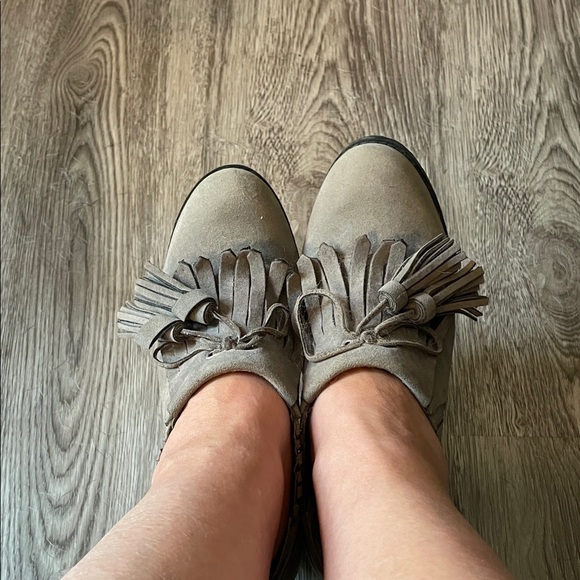 Ruff Hewn Taupe Suede Fringe Loafers - Picture 1 of 6